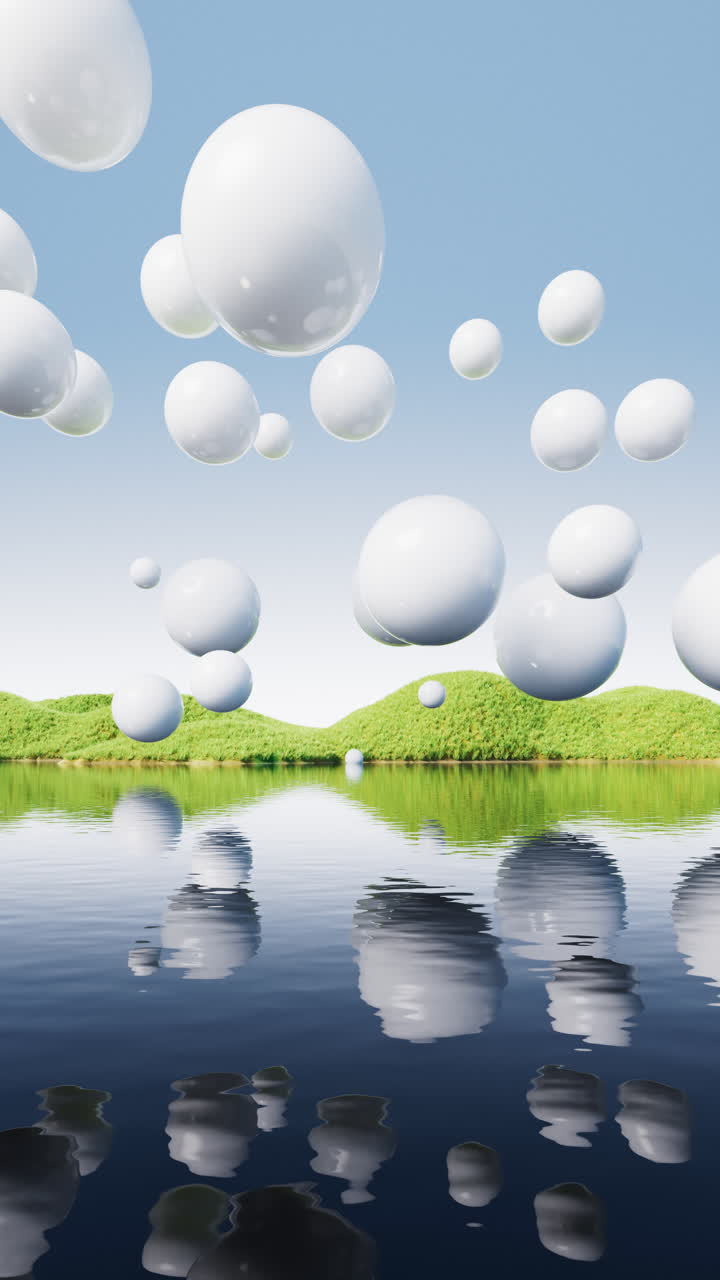 Floating spheres over the lake in the nature, 3d rendering.