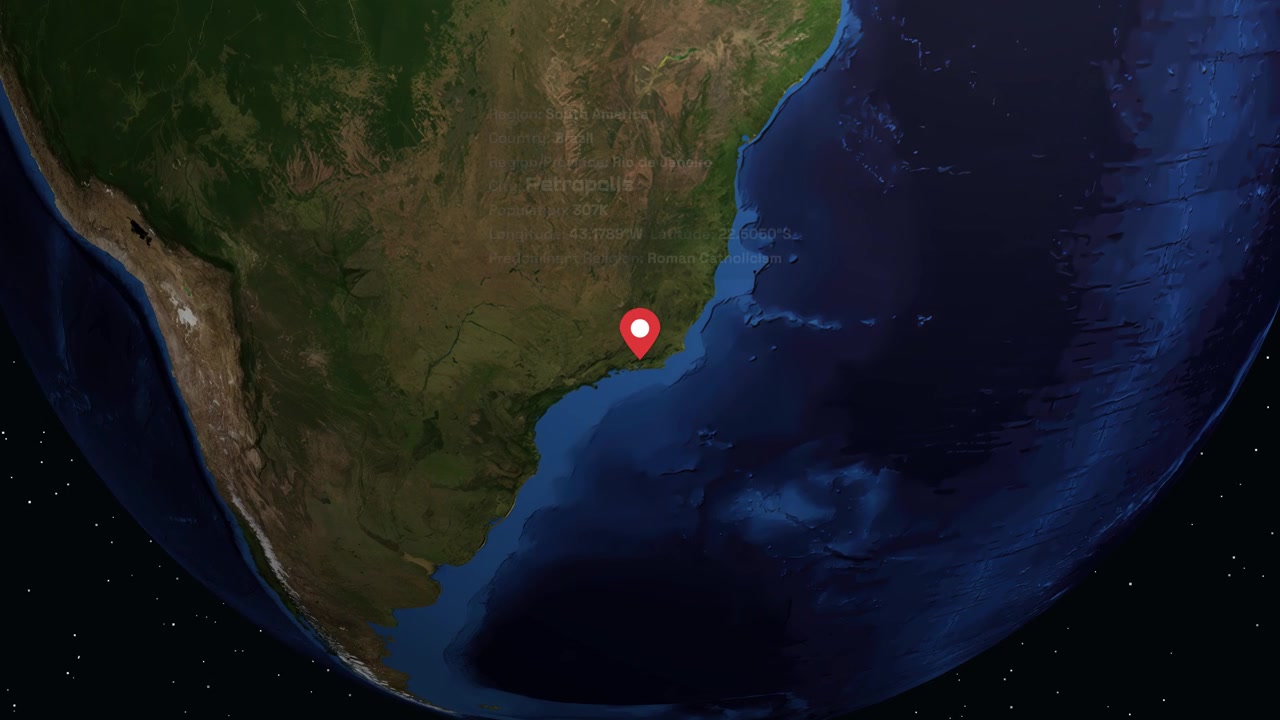 A digital earth rotates and zooms into South America, highlighting Petropolis with informational text