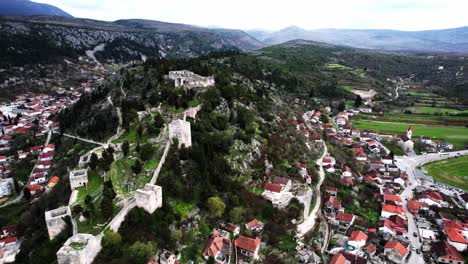 Aerial-of-castle-in-Stolac,-old-town-in-Bosnia-and-Herzegovina