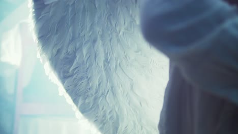 close up of a person with white angel wings on his back while a magical light enters the room