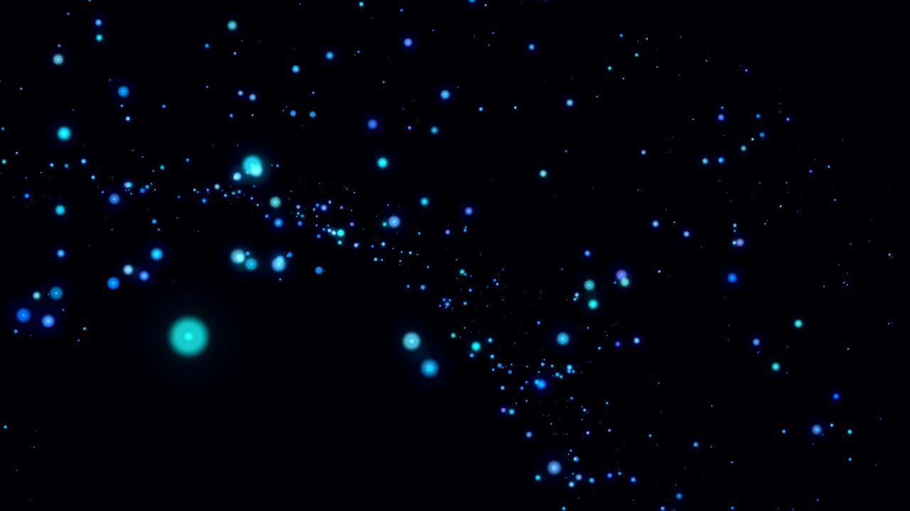 Animation of blue glowing spots of light twinkling and moving in hypnotic motion on black background