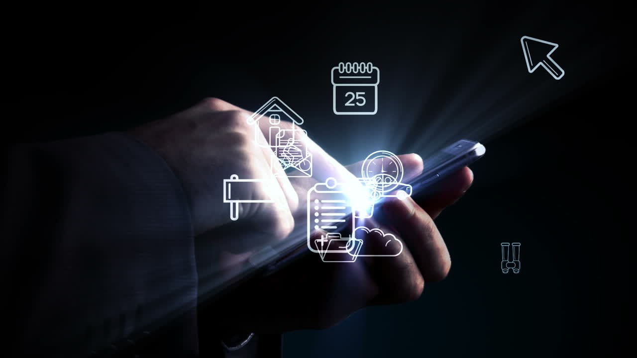 hombre usando teléfono inteligente con aplicaciones holográficas