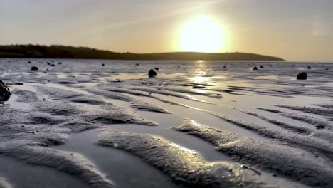 vista de ángulo bajo en cámara lenta sobre las ondulaciones onduladas de la arena y pequeños montones de arena sobre los gusanos de arena al amanecer