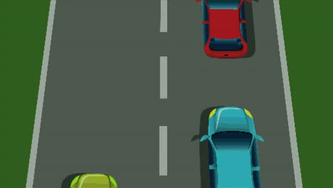 animation of video game screen with cars racing on moving street