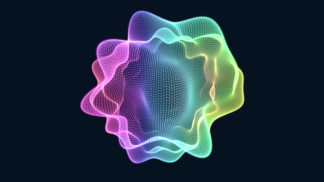 Rainbow liquid shapes with neon dots in dark galaxy