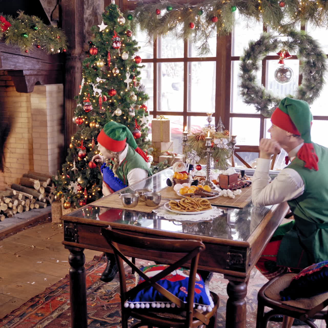 Santa Claus and two elves are preparing tea. Santa Claus with boiling teapot, Curious boy and girl wear elves clothes. Happy elves in fairy costumes sitting near the table. Santa near Christmas fireplace.