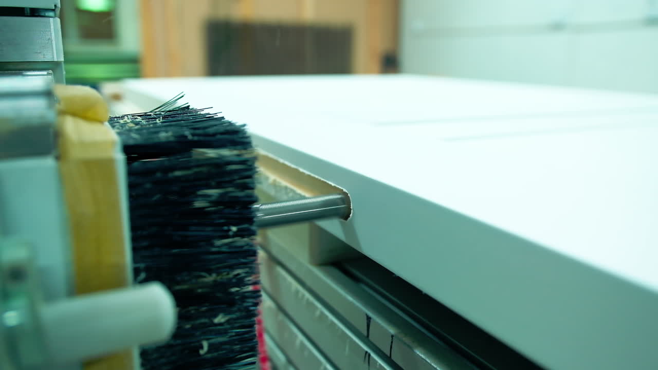 Door industry. Modern machine tool making holes in wooden board. Furniture production in workshop. Close-up.