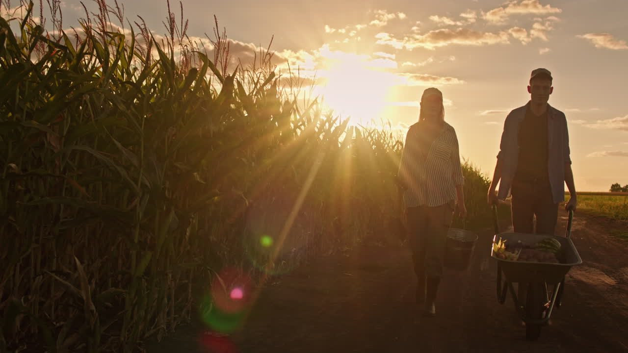 agricultores cosechando maíz al atardecer