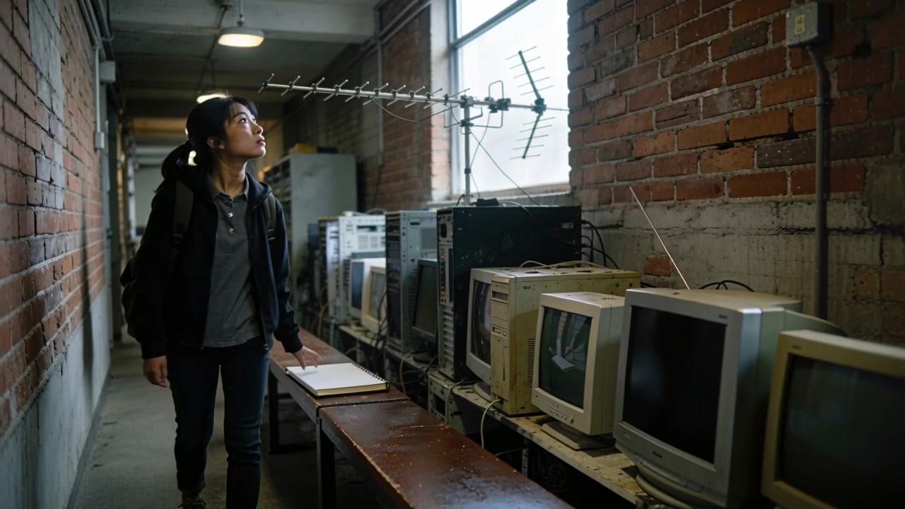 Entering left student in hoodie touching notebook inspecting CRTs and antenna in hall, copy space