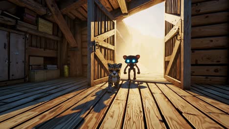 cute cheetah and robot in a wooden barn