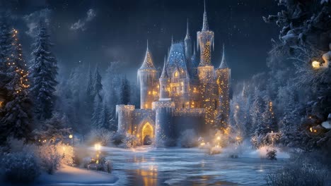 magical fairytale castle illuminating snow covered winter forest, standing near frozen lake, adorned trees creating enchanting nighttime holiday landscape