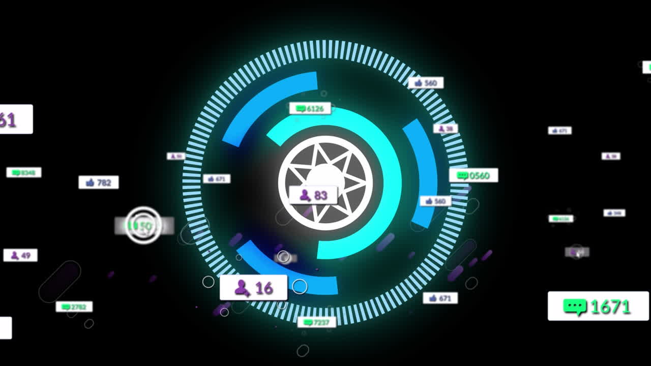 animación de iconos de redes sociales sobre un escáner redondo de neón girando contra un fondo negro.