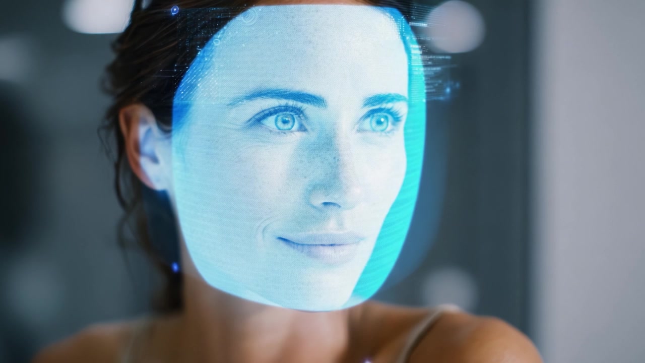 A futuristic portrayal of a woman, showcasing digital enhancements that illuminate her features, highlighting technology's integration with human expression and identity.