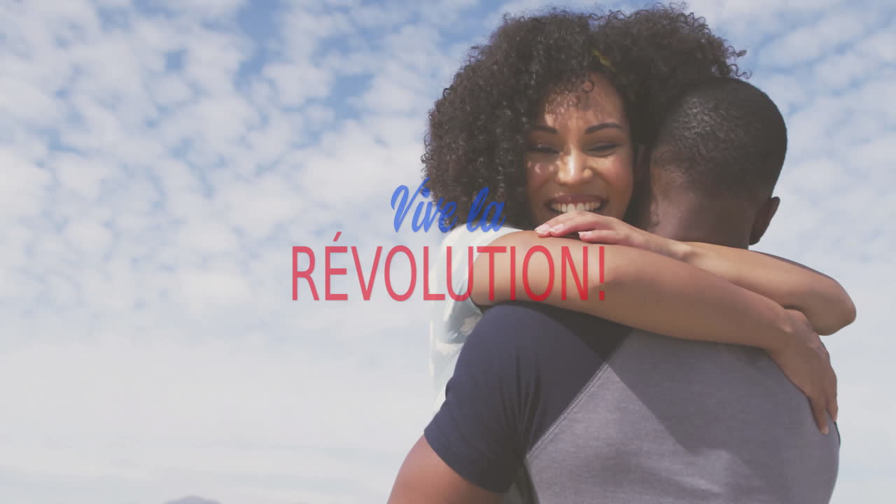 Hugging couple with long live the revolution text animation over cloudy sky background