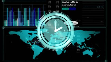 Animación-Del-Reloj-Que-Se-Mueve-Rápidamente-Sobre-El-Mapa-Mundial-Y-Procesamiento-De-Datos-En-Pantalla