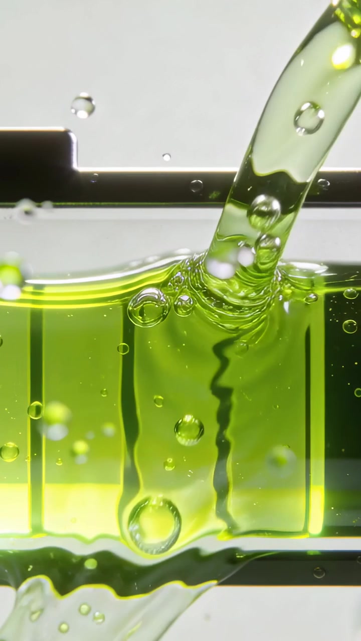 Vertical video: Pouring neon green liquid from spout into cuvette at lab bench capturing bubbles