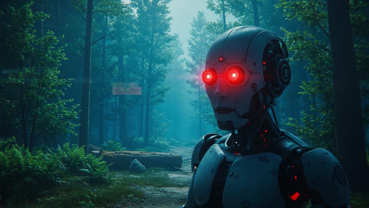 A Thought-Provoking Glimpse into the Future: An Advanced Robot with Glowing Eyes Stands in a Mysterious Forest, Inviting Reflection on Technology and Nature
