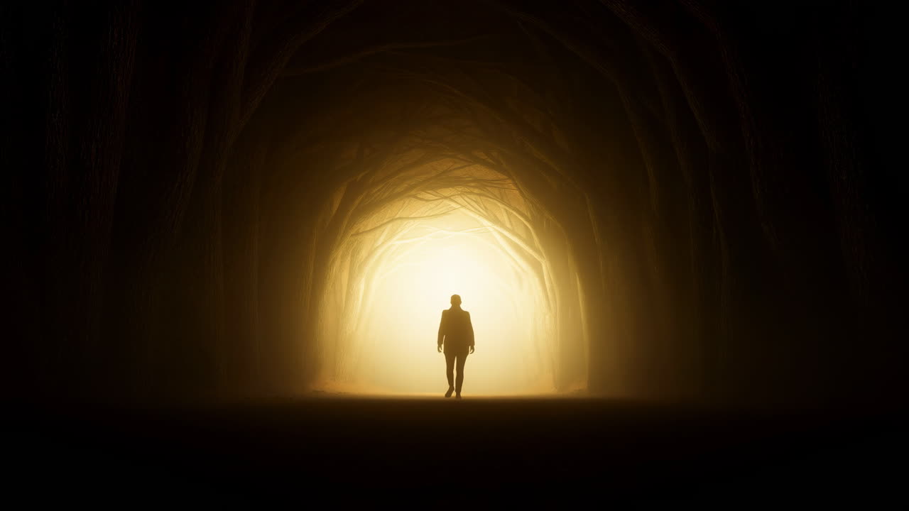 Traveler Walking Toward Glowing Tunnel Light, Solitary Silhouette Moving Through Dark Cave Toward Warm Golden
