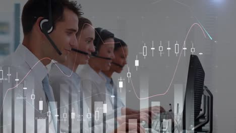 Animation-of-caucasian-customer-service-operators-using-headsets-in-office,-bar-graph-in-foreground