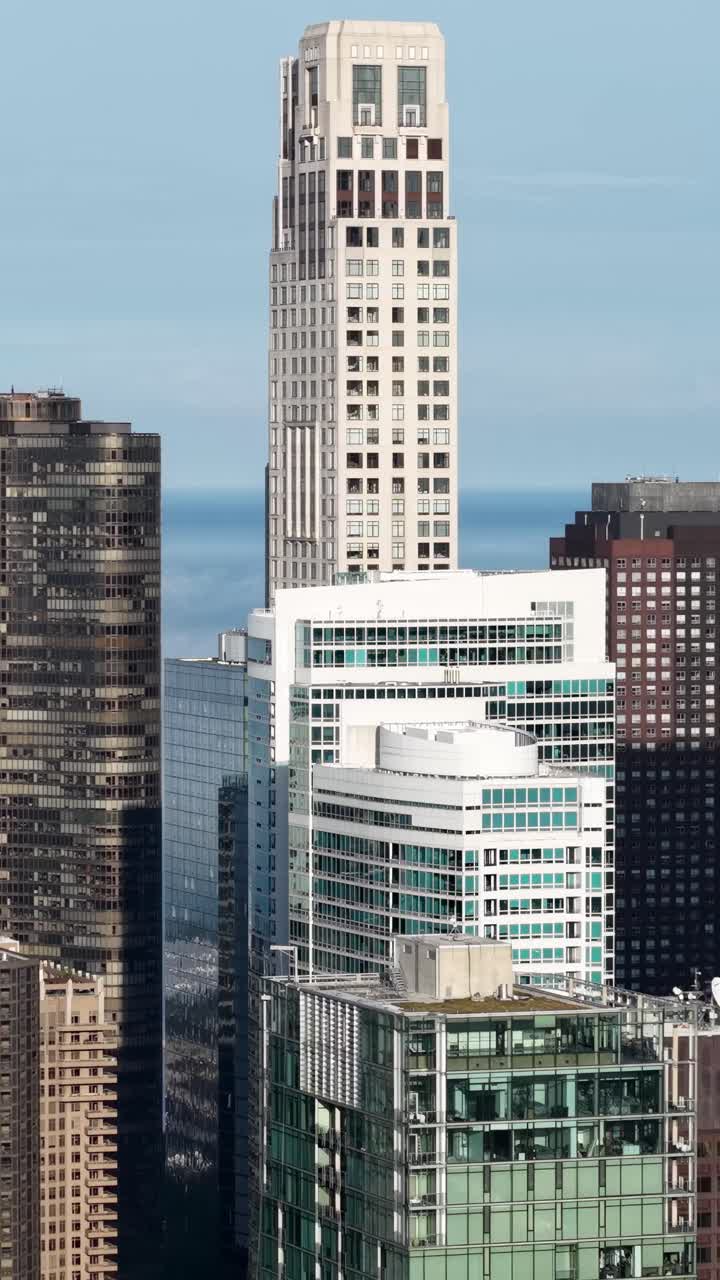 Chicago USA, Vertical Drone Shot of Modern Apartment Towers in Central Financial District