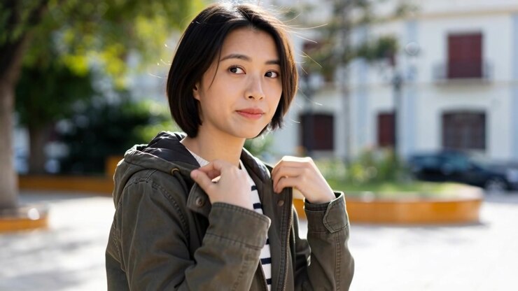 Sentendo una leggera brezza, una donna asiatica sistema i polsini, il colletto della giacca color oliva e la tracolla della borsa in una piazza illuminata dal sole.