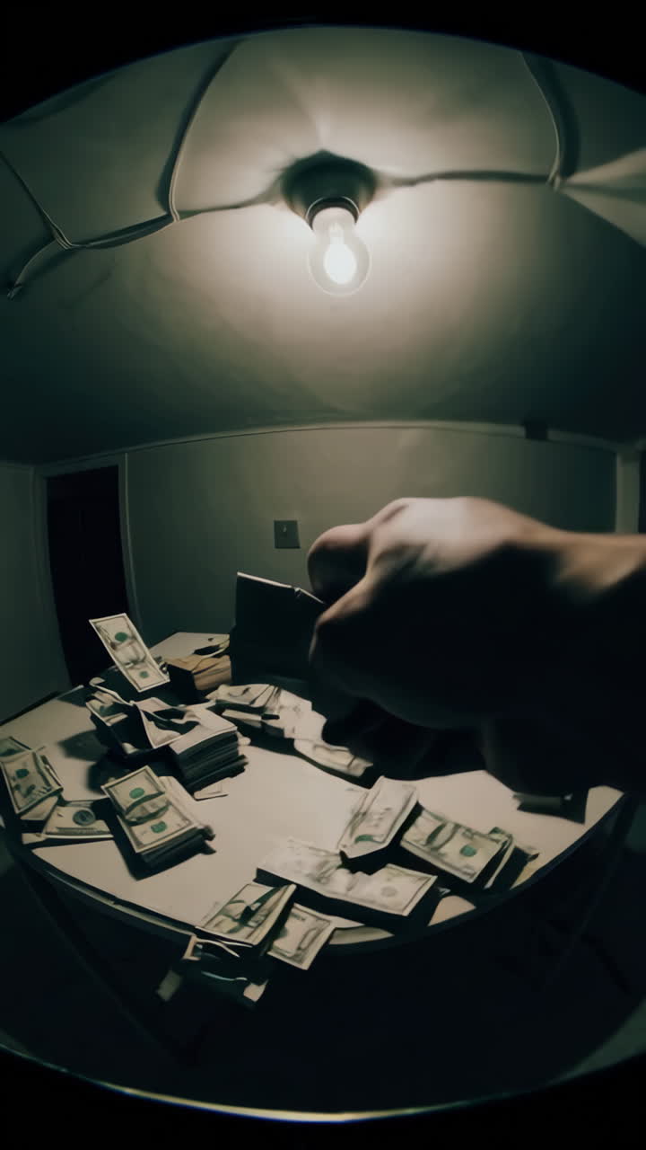 Large amount of money on a table at night