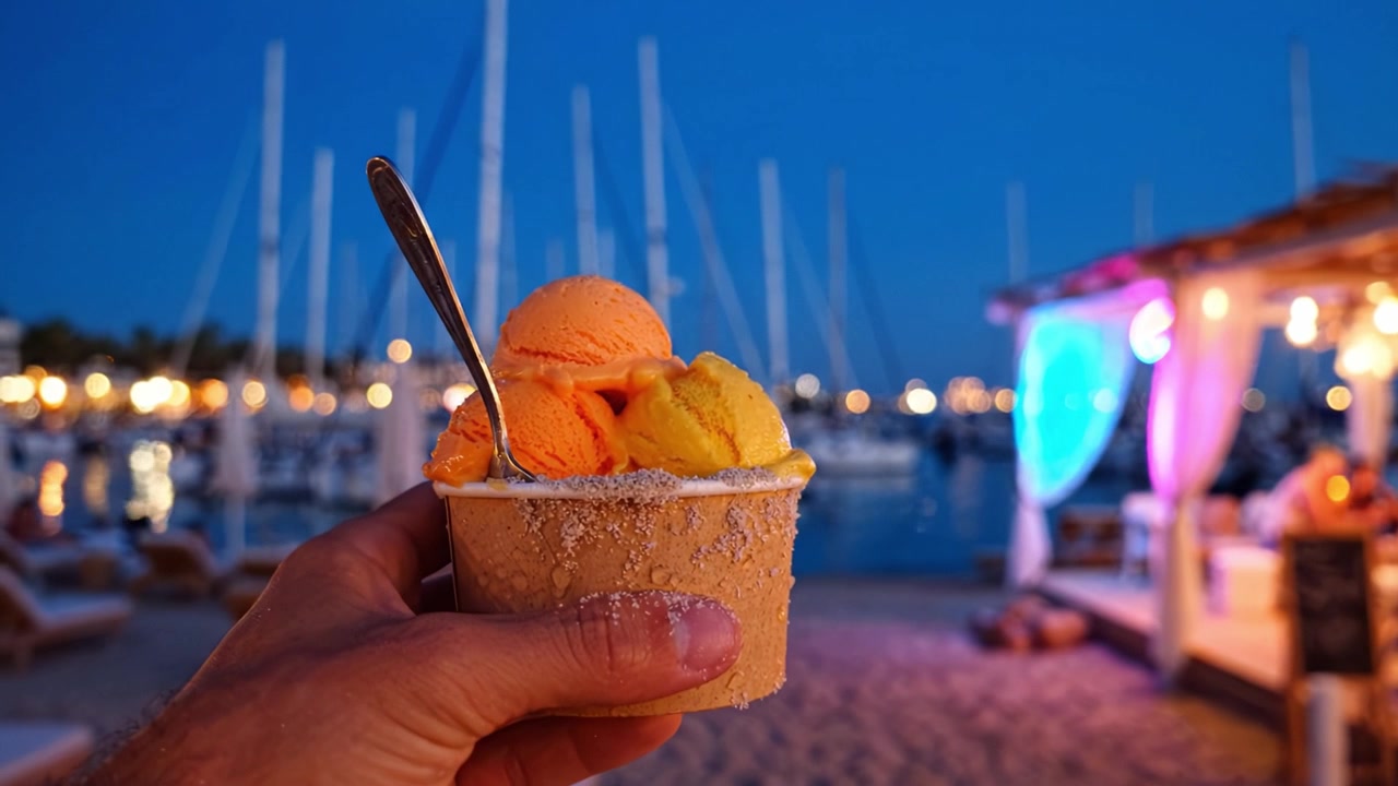 Deliziosa coppa di gelato tenuta al crepuscolo, che cattura i colori vivaci del tramonto, circondata da un pittoresco porto turistico e luci scintillanti che si riflettono sull'acqua.