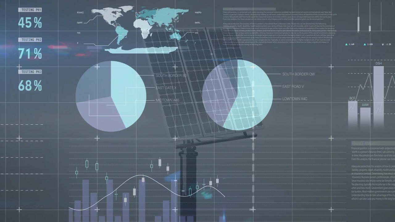 Data pulse sending charts animating and reorganizing around solar panel showing performance metrics