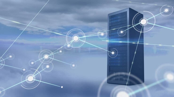 Animation of network of connections over computer server against clouds in the sky