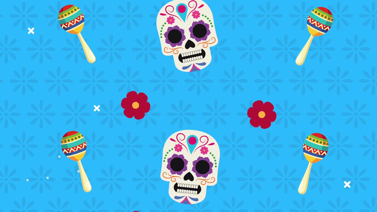 dia de los muertos celebration with skulls and maracas pattern