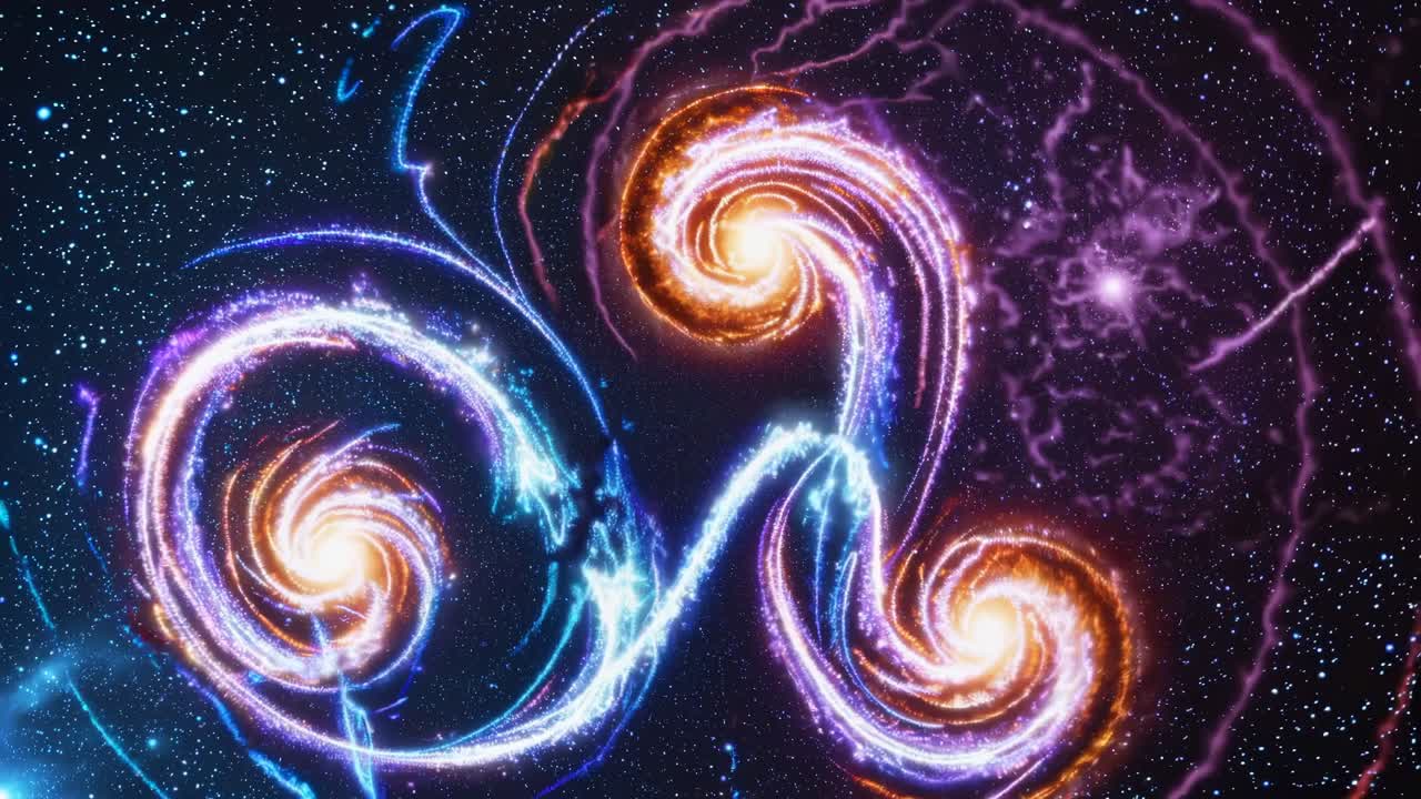 Cosmic swirls in a vibrant, abstract video from a top-down angle, showcasing energy flow