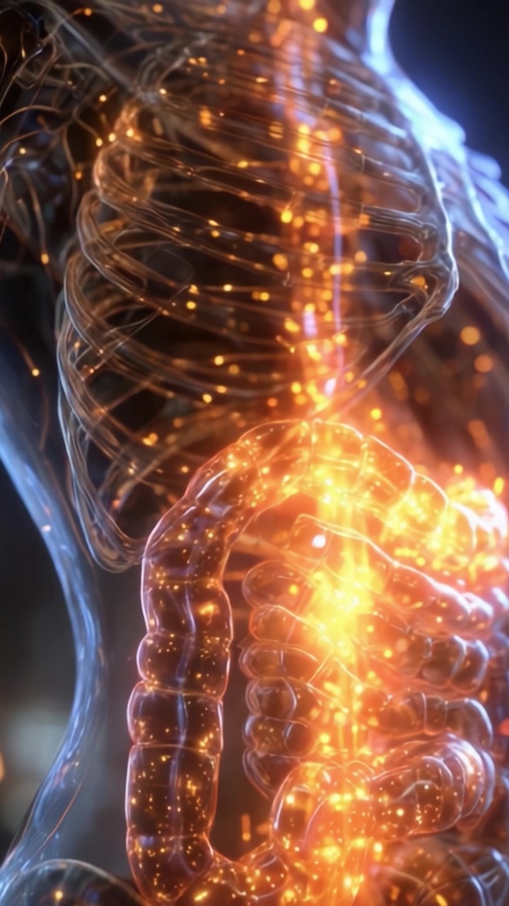 Anatomía Iluminada: Una Impresionante Representación Visual del Sistema Digestivo Humano Realzada con Energía Radiante en un Estilo Futurista