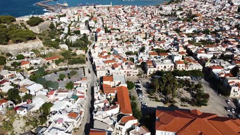 downtown of rethymno town, aerial drone view