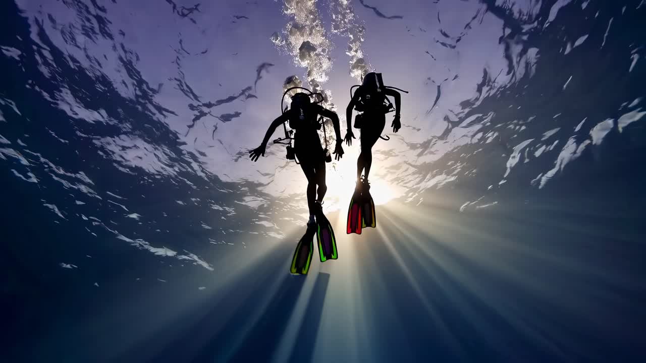 Underwater video shot from below, capturing a diver silhouetted against sunlight streaming