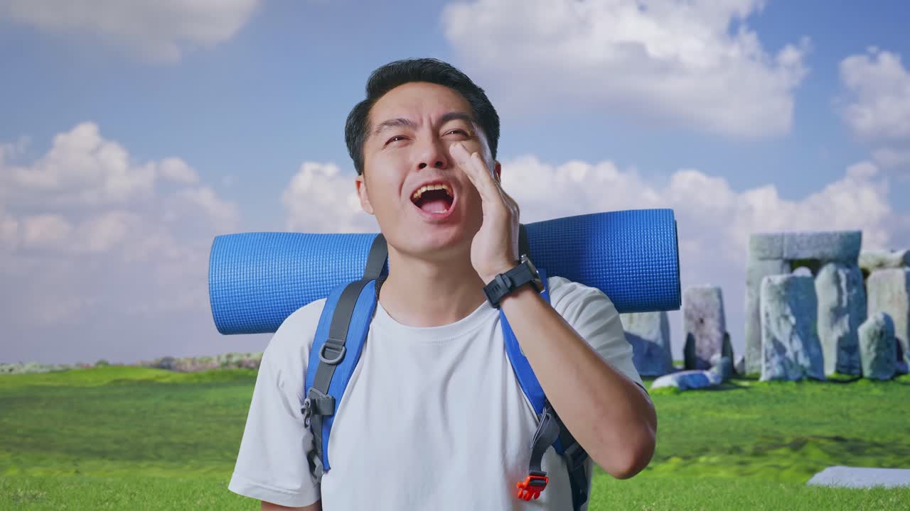 Excited Traveler at Stonehenge