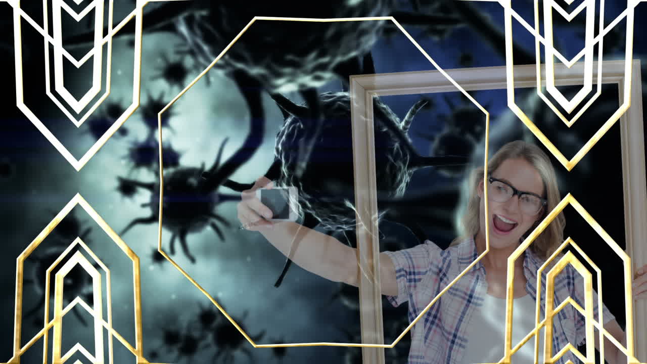 animación de formas geométricas sobre las células de covid 19 que caen