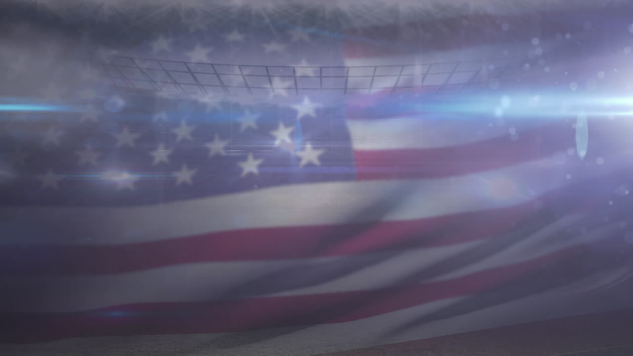 Animation of usa flag floating over american football stadium
