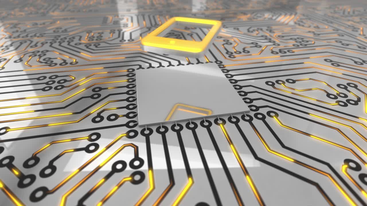 밝은 오렌지 회전 컴퓨터 회로 보드 개념 태블릿 루프 4k