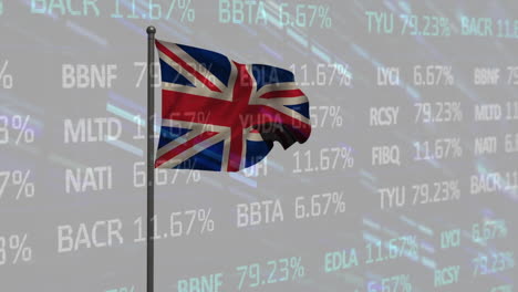 animation of stock market data processing and mosaic squares over waving uk flag on grey background