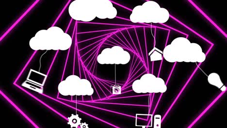 Animation-Von-Wolken-Mit-Symbolen-über-Neonquadraten