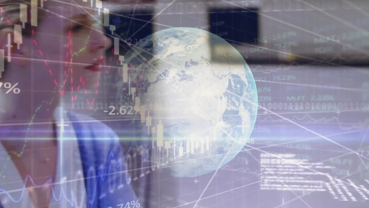 Animation of globe and binary coding data processing over businesswoman