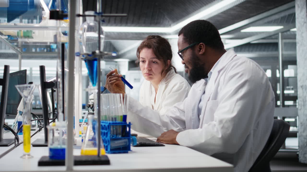 Vertical video Team of lab chemical engineers inspecting clarity of chemical solution