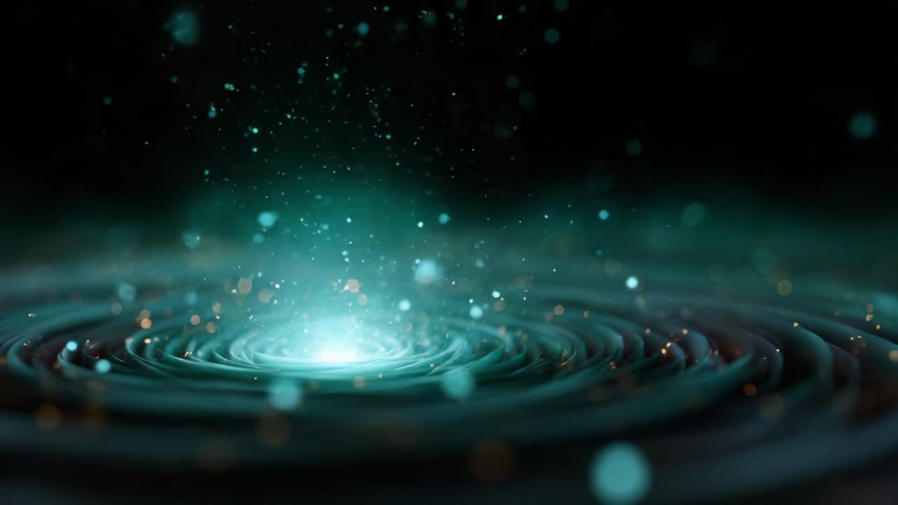 Rappresentazione visiva dinamica di luce e particelle a spirale che creano un'atmosfera eterea incantevole con effetti abbaglianti e sfumature di colore delicate
