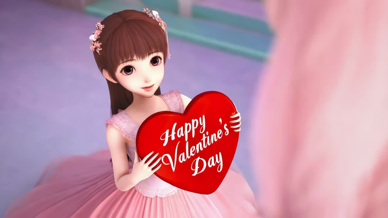 발렌타인 데이를 위해 심장을 가진 애니메이션 소녀