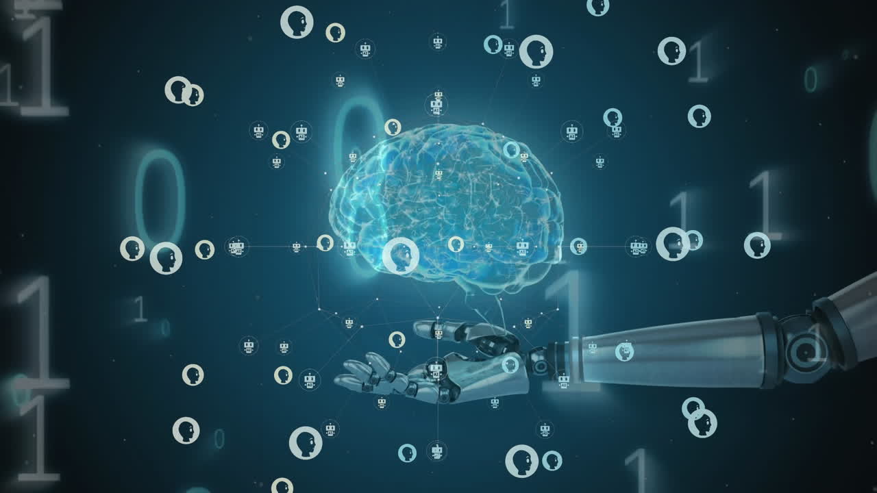 인공지능 데이터의 애니메이션, 이진 코딩, 로의 팔, 인간의 뇌 배경