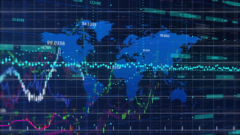 animation of world map with financial graphs and data points on digital grid