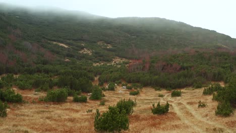 Aerial-dolly-shot-up-the-side-of-the-fog-covered-Beleg-mountain-in-Serbia