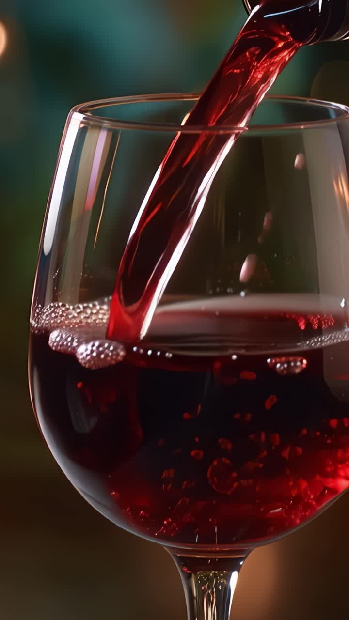 Incantevole versamento di vino rosso in un bicchiere, che cattura le bollicine e la texture del liquido, simboleggiando l'eleganza e il piacere delle bevande pregiate.