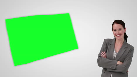 animación de una mujer de negocios sonriente presentando una pantalla verde