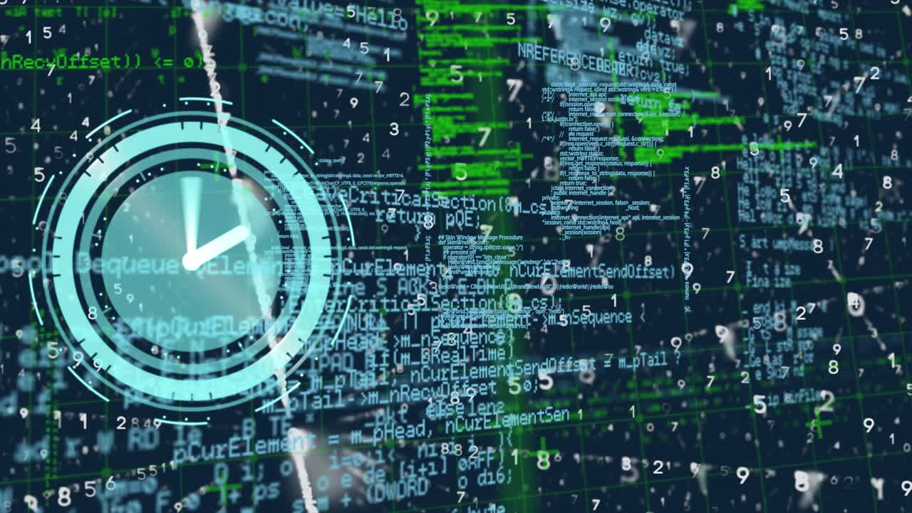 Animation of clock moving over data processing on black background